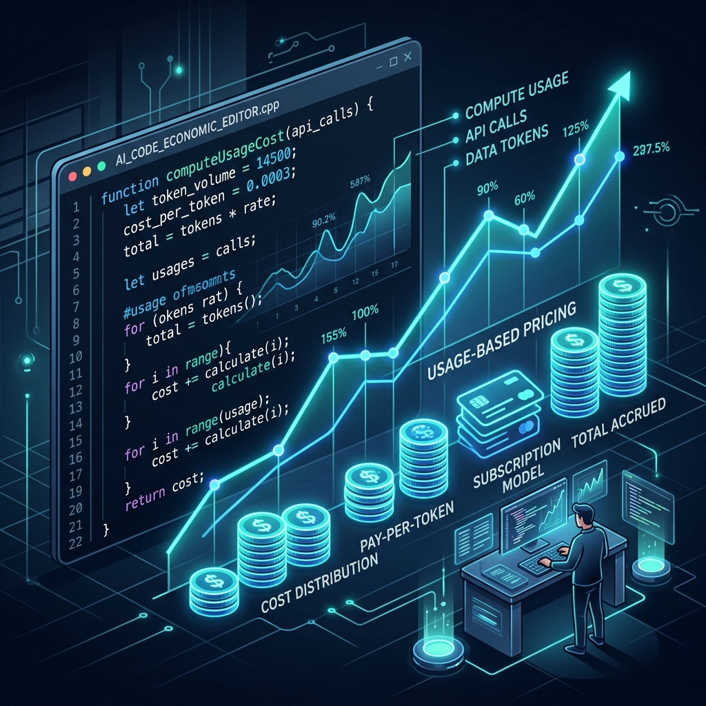 Editorial illustration representing AI coding economics with code editor and data graphs