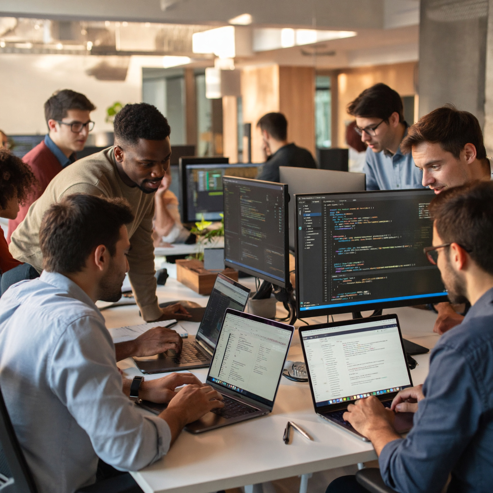 Professional tech team collaborating in a modern office